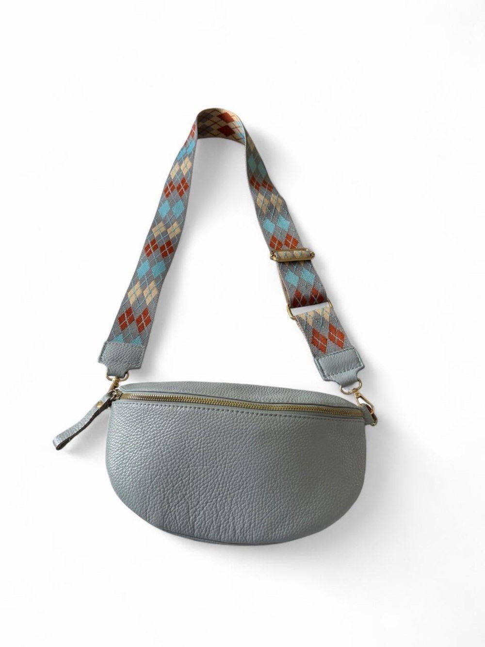 Light blue genuine Leather Crossbody Belt Bag with Patterned Strap